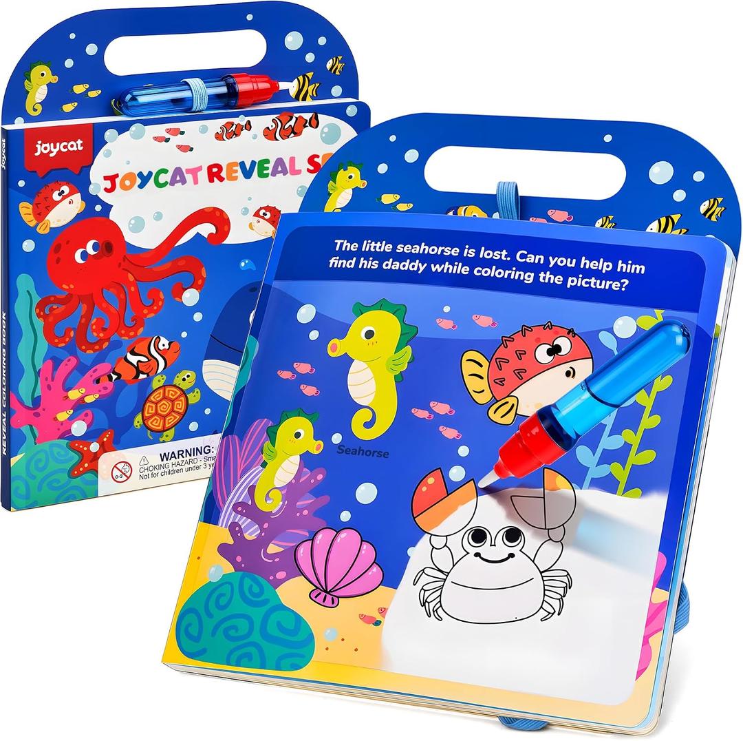 JoyCat Ocean Water Coloring Book for Toddlers 3-5, Reusable No-Mess Water Painting Book with Water Pen, 13 Activity Pages, Travel Toy Gift for Boys & Girls