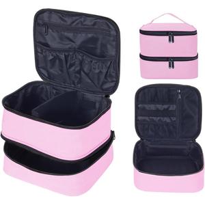 Double Layer Makeup Bag Portable Large Cosmetic Case Organizer with Adjustable Dividers Storage Travel Bag for Accessories Brushes Conditioner and Skin Care Products (Pink)