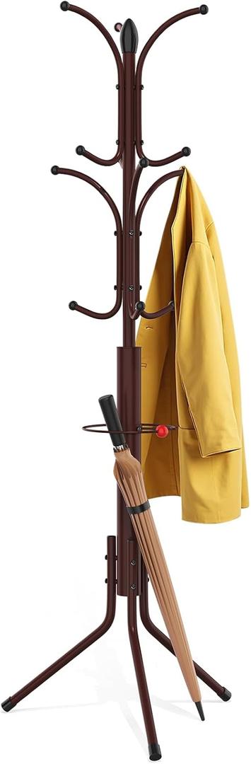Coat Rack Freestanding,12 Hooks Metal Coat Racks with Umbrella Holder, Sturdy Hall Tree, Easy Assembly Coat Rack Stand for Hanging Scarf, Purse, Hats, Jacket (Brown)