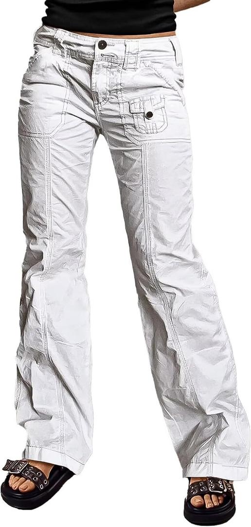 Flamingals Straight Leg Pants for Women Mid Rise Casual Front Patch Pocket Design Solid Seam Pants (White, XL)