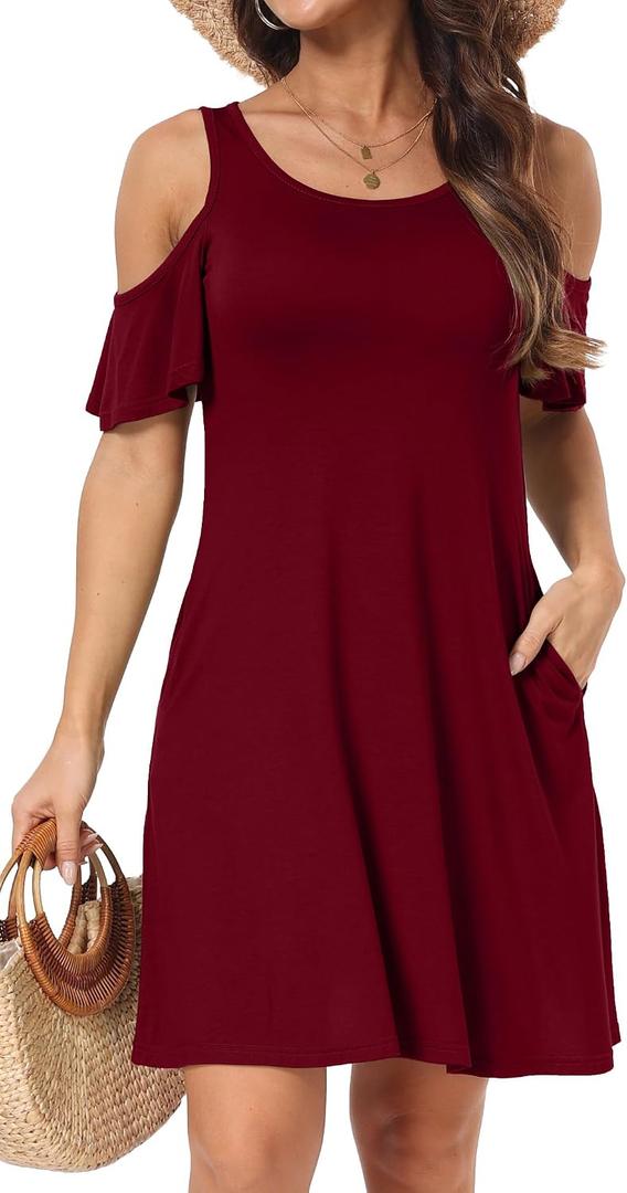 Short/Long Sleeve Women's Cold Shoulder Dress with Pockets Casual Swing T-Shirt Dresses (Red, XXL)