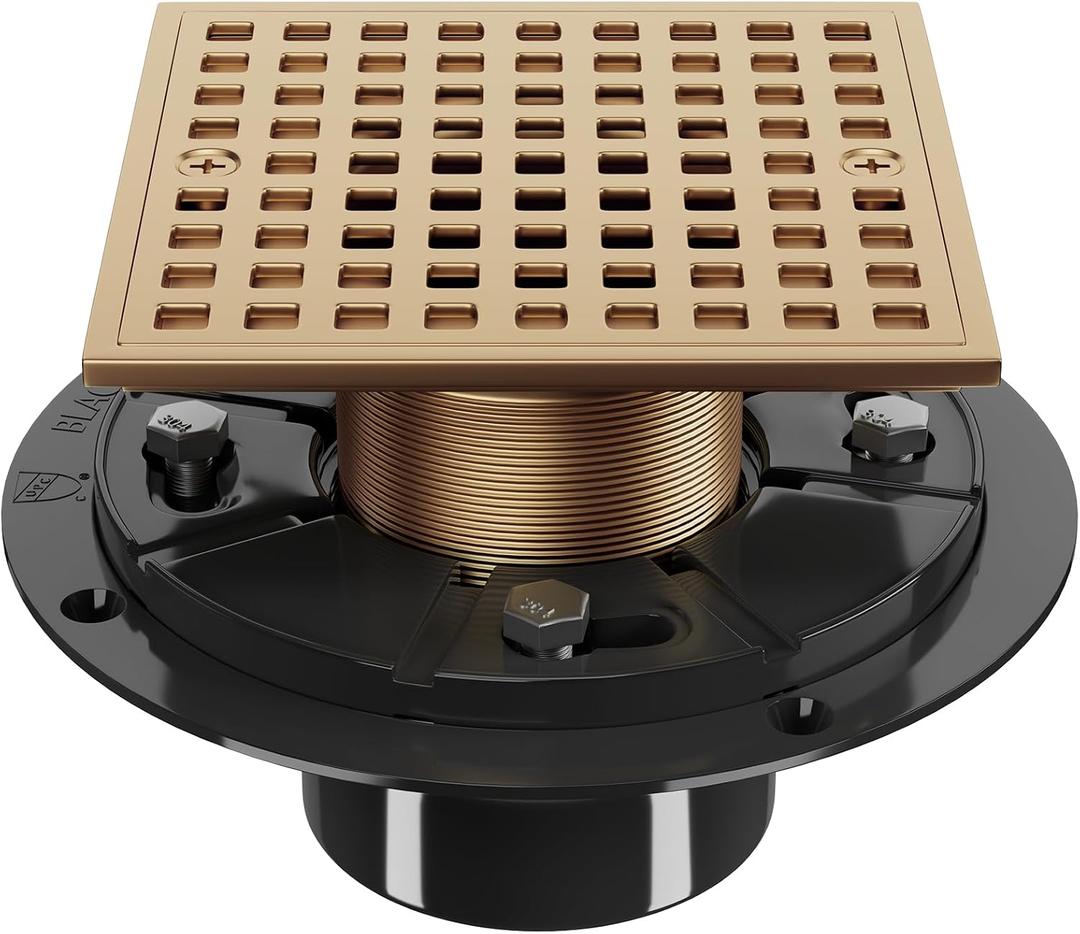 4 Inch Champagne Bronze Shower Drain- Square Shower Floor Drain Kit with ABS Flange-Removable Grid Strainer Cover - SUS304 Stainless Steel Floor Drain Kit
