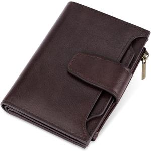 Small Wallet Women RFID Blocking Genuine Leather Bifold Compact Card Holder Wallet for Women with Zipper Coin Pocket 4 ID Window (Dark Coffee)