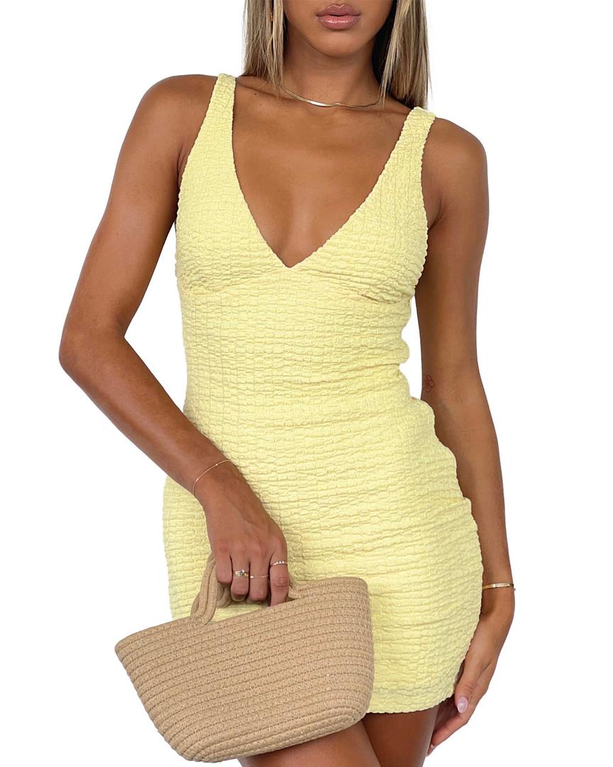 ZREQV Summer Bodycon Dresses for Women Sexy Deep V Neck Short Dress (Yellow, L)