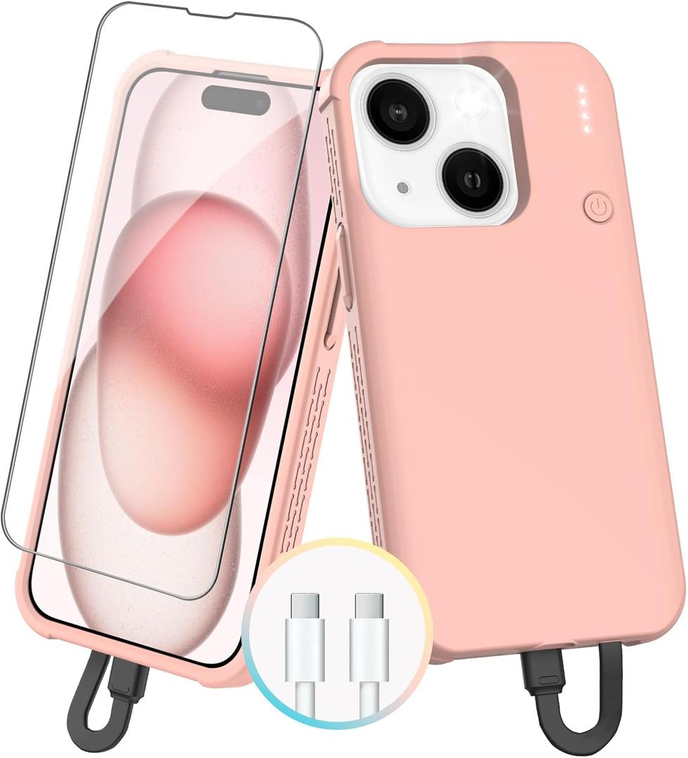 GIN FOXI Fast Charging Battery Case for iPhone 15/15 Pro, 7000mAh 15W Ultra Slim Charger Case Rechargeable Portable Extended Power Bank Case Cover Battery Pack Built-in Cable, Pink (6.1)