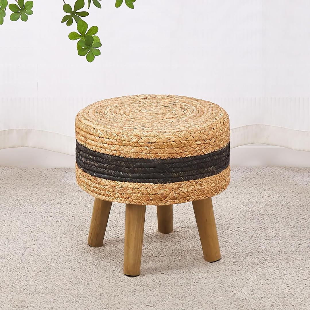Cpintltr Round Ottoman Natural Seagrass Footstool Hand Weave Water Hyacinth Poufs Eco Friendly Sofa Foot Stool Soft Step Stool Padded Foot Rest with Pine Legs for Living Room (Black)