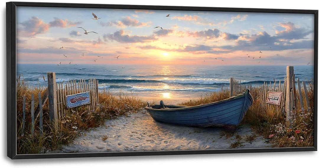 Large Coastal Wall Art for Living Room Big Nautical Boat on Beach Canvas Picture Wall Decor Ocean Seagull Seascape Canvas Painting Print Artwork Decorations for Bedroom Dining Room Office 30" X 60"