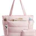 Puffer Tote Bag for Women, Lightweight Puffy Work Handbag Teacher Nurse Quilted Shoulder Bag for School Travel Gym | Cloud Bag w/ Zipper, Daily College Bags, 15.6" Computer Bag, Clinical Nursing Bag, 40 OZ Tumbler Holder, Ideal Gift for Women (Pink)