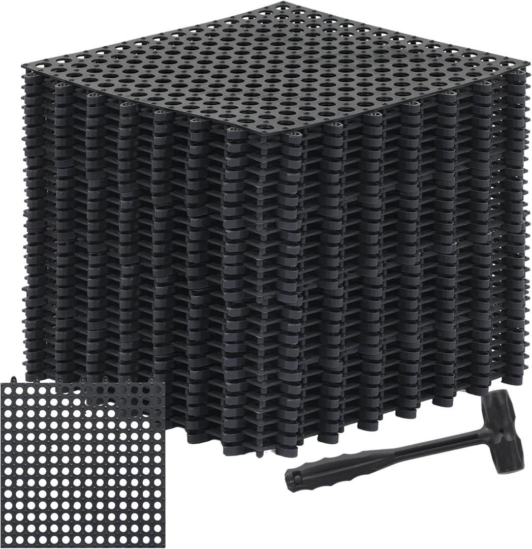 24 Pack Drainage Tiles Modular Interlocking Floor Tiles with 1 Pc Plastic Hammer 12" x 12" Cushion Mat Non Slip Rubber Floor mat with Holes for Pool Bathroom Deck Kitchen Patio (Black)
