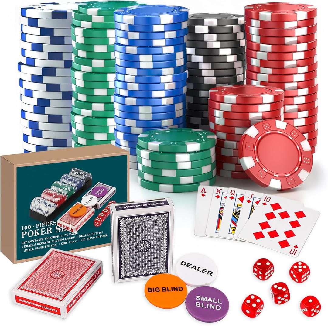 Kiddie Play Poker Chips Set 100 PCS 11.5 Gram Chips with Dice for Texas Holdem Blackjack Gambling