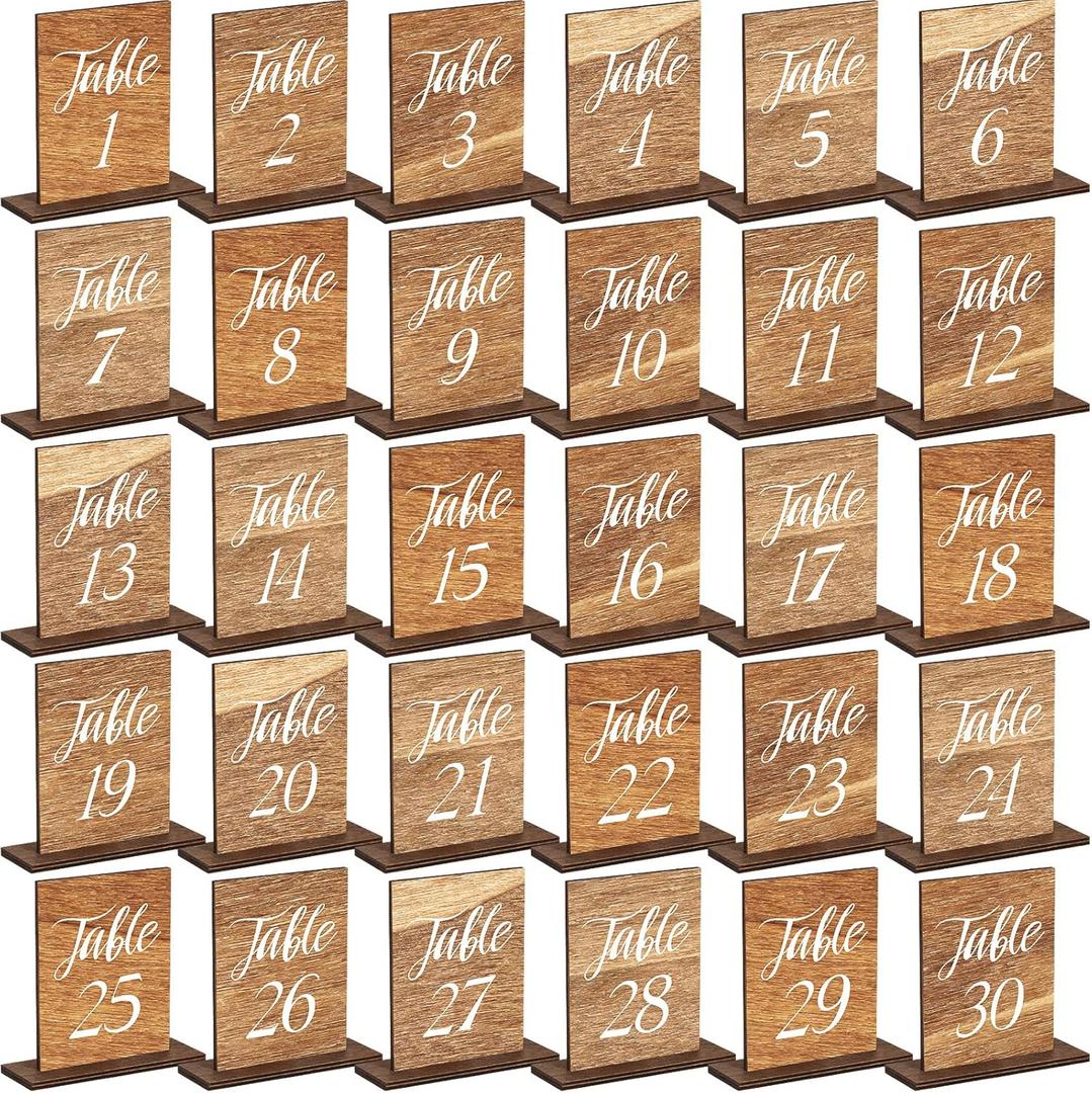 Chunful 30 Pcs Wedding Wooden Table Numbers 1-30 with Wooden Base Rustic Wedding Centerpieces for Tables Number Sign for Banquet Restaurant Party Decor, 3.9 x 5.9 Inch