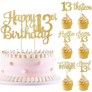 Gold Glitter 13th Birthday Cupcake Toppers Cheers to 13 Years Hello 13 & Fabulous Official Teenager Since 2012 25Pcs Cake Decorations Supplies for Teenager Birthday Party