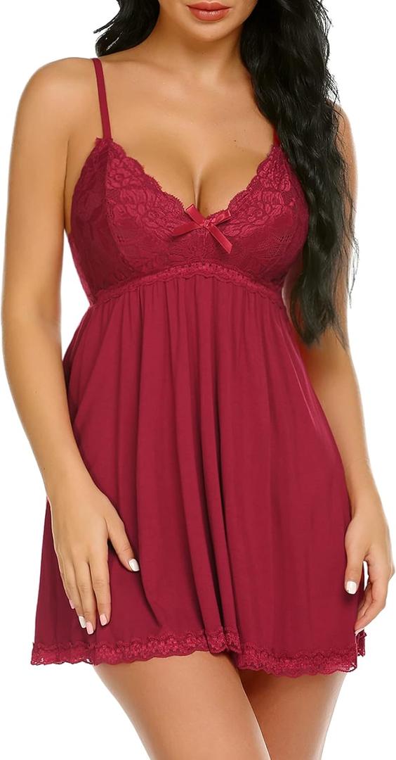 Avidlove Women Nightgown Sexy Sleepwear Lace Chemise V-neck Modal Babydoll Lounge Dress