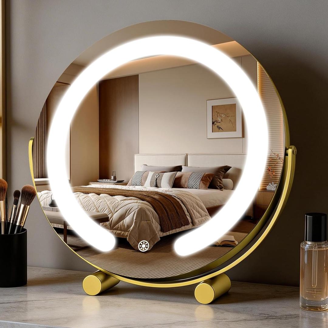 Bearolve Vanity Mirror with Lights, 12" LED Makeup Mirror, HD Professional Mirror, Smart Touch with 3-Color Lighting, Dimmable, 360° Rotation, Lighted Up for Makeup Desk, Bedroom (Gold)