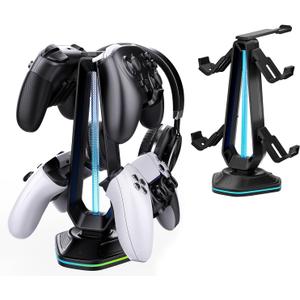 RGB Headset Stand with 9 Light Modes and 2 USB Charging Ports - Controller Holder for Desk - Headphone Stand & Detachable Controller Hook for PC Earphone Gaming Room Setup Accessories (Black)