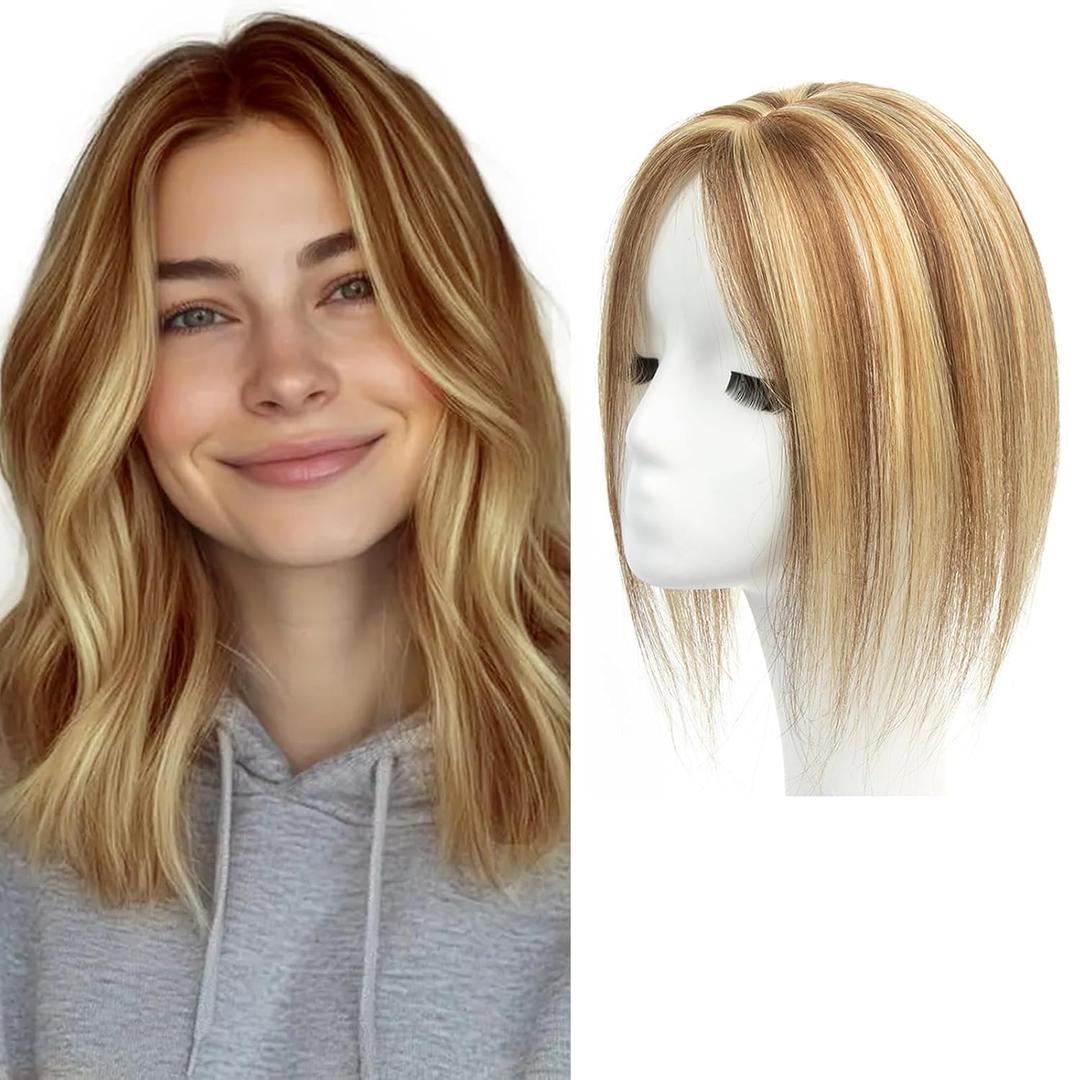 isheeny Premium Human Hair Topper for Women 14Inch Real Human Hair Toppers for Thinning Hair & Volume Brown Highlight Honey Natural Hair Pieces for Women With Artificial Base & 2 Secure Clips