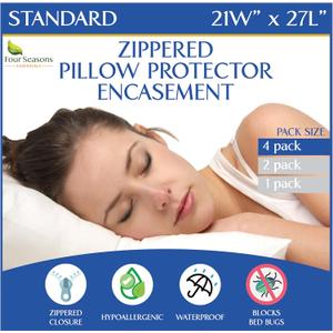 Standard Pillow Protectors (Set of 4)  Hypoallergenic Pillow Cover Waterproof Dust Allergen Proof Zippered Encasement
