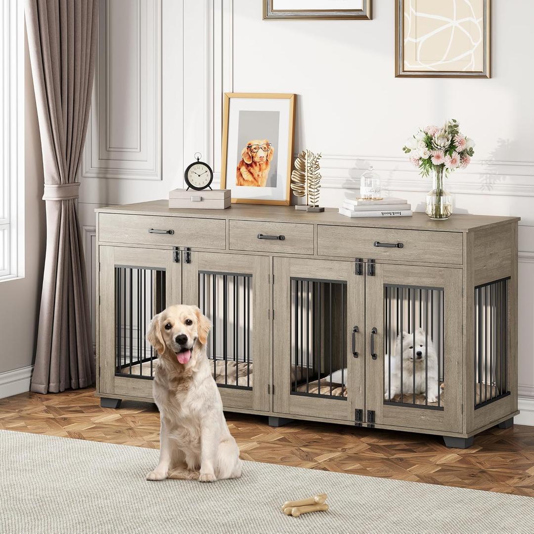 Dog Crate Furniture for 2 Dogs, 71 in XXL Indoor Dog Kennel with 3 Drawers and Removable Room Divider, Wooden Double Dog Crate TV Stand End Table with Double Doors for Large Medium Dogs, Grey