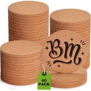 60 PCS Cork Coasters for Laser Engraving, GOH DODD Thicken Absorbent Mats Blank Coasters Bulk Tabletop Protection Plant Saucers for Drinks Wood Burning Arts Crafts DIY Resin Gifts, 4 Inch, Round
