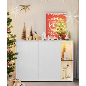 SONGMICS HOME Storage Cabinet, Superfast Toolless Assembly, Accent Buffet Cabinet with Lighting and Glass Shelf, Sideboard for Living Room, Snow White UBBK372W02