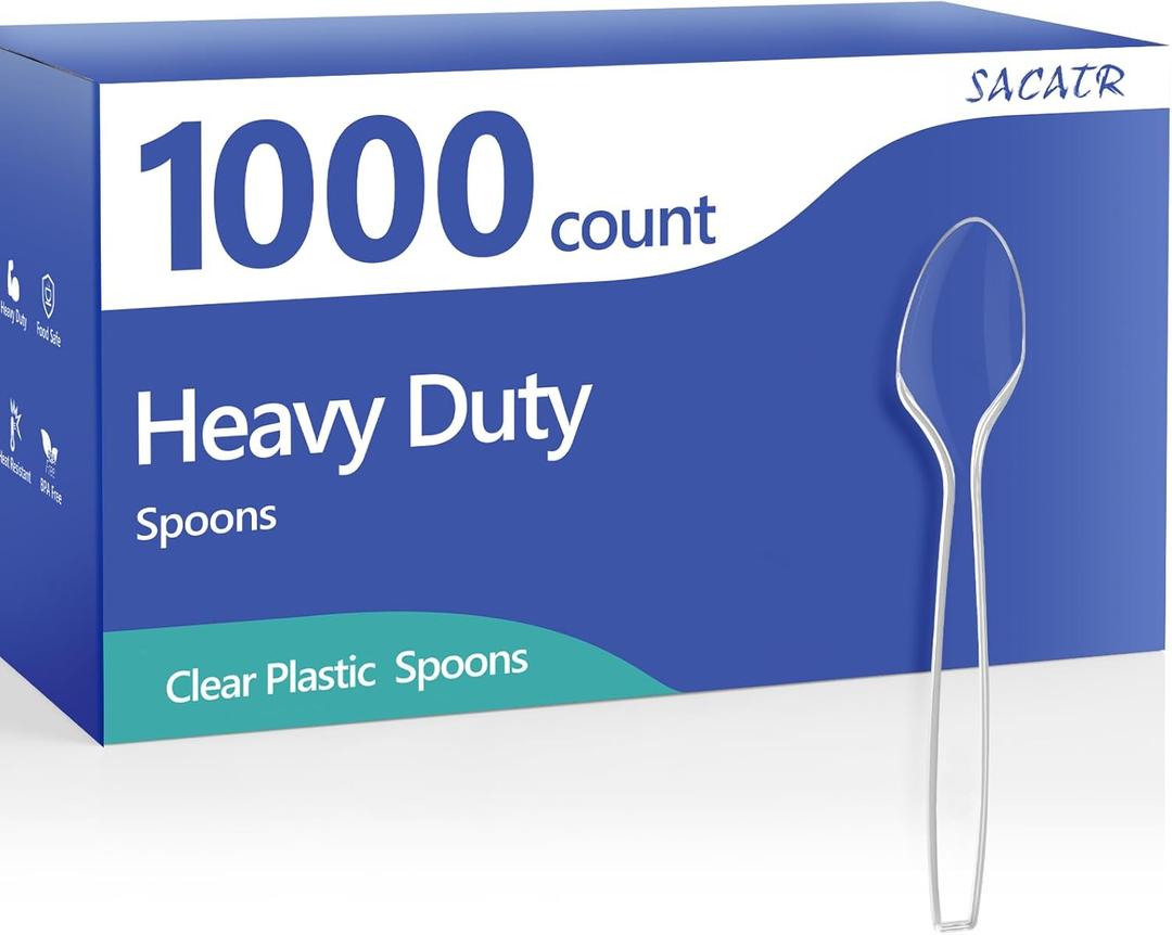 SACATR 1000 Count Clear Plastic Spoons Bulk - Plastic Silverware Spoons Heavy Duty, Premium Disposable Spoons, BPA-Free, Heat Resistant, Suitable for Parties, Events, and Everyday Use