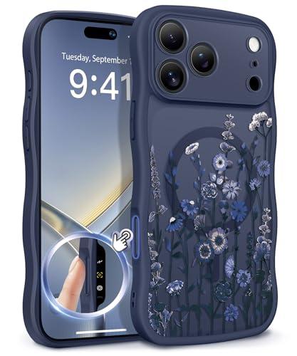 GVIEWIN for iPhone 17 Pro Max Case Compatible with MagSafe [Curly Wave Edge][Full Camera Protection] Floral Translucent Shockproof Magnetic Women Phone Case for 17 Pro Max, Floratopia/Blue