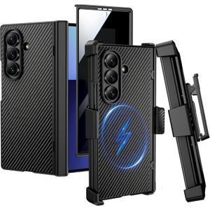 VEGO for Galaxy Z Fold 7 Case with Belt Clip Holster, Compatible with MagSafe, [Hinge Protection][Privacy Screen Protector] Magnetic Slim PU Leather Cover for Samsung Z Fold7 - Carbon Fiber Black