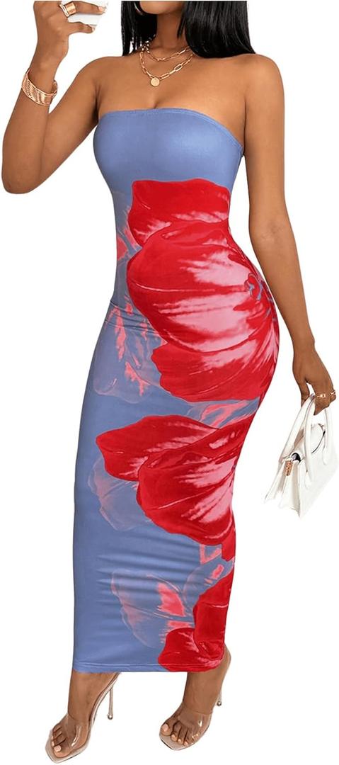 SOLY HUX Women's Floral Print Tube Bodycon Long Dress Strapless Sleeveless Summer Maxi Dresses (Purple, XS)