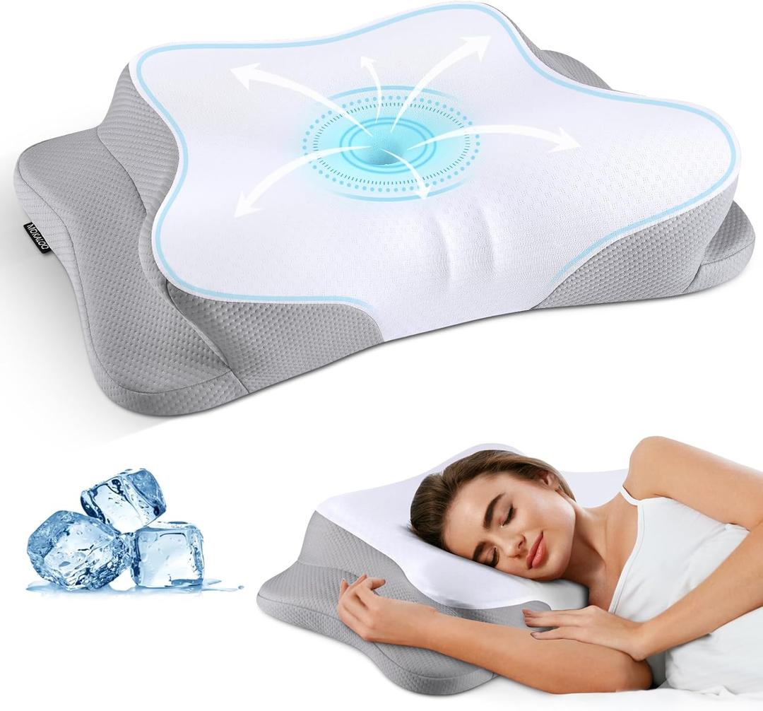 Cervical Neck Pillow - Cooling Ergonomic Neck Support Pillow for Sleeping, Orthopedic Contour Memory Foam Pillows for Side, Back & Stomach Sleepers with Pillowcase (White)