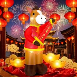 Leyndo 5 ft Chinese New Year Horse Inflatable Decor 2026 Horse in Tang Suit Holding Couplet Decor Lunar New Years Blow up Decoration with LED Lights for Outdoor Spring Festival Chinatown Yard Lawn