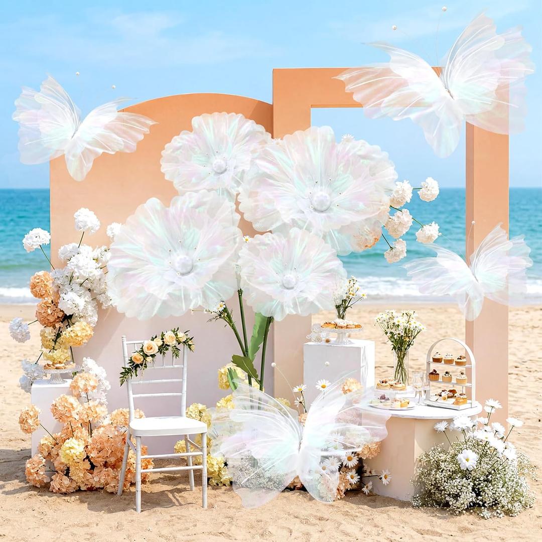 Cinnvoice 8 Pcs Large Butterfly Flower Decorations 20 Inch 12 Inch 3D Giant Silk Butterfly Big Flower Mariposas Grandes para Decoracion for Wedding Backdrop Birthday Party(Laser White)