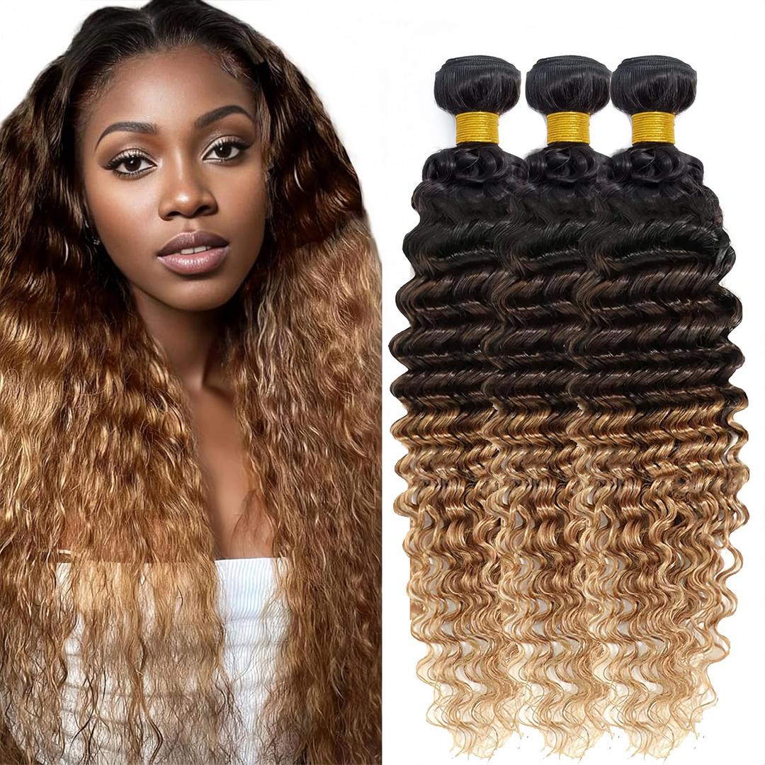 T1B427 Human Hair Bundles Ombre Blonde Deep Wave Bundles Niegmeag Virgin Remy Hair 3 Bundles 22 24 26 Inch Double Weft 3 Tone Brown and Honey Blonde Bundle