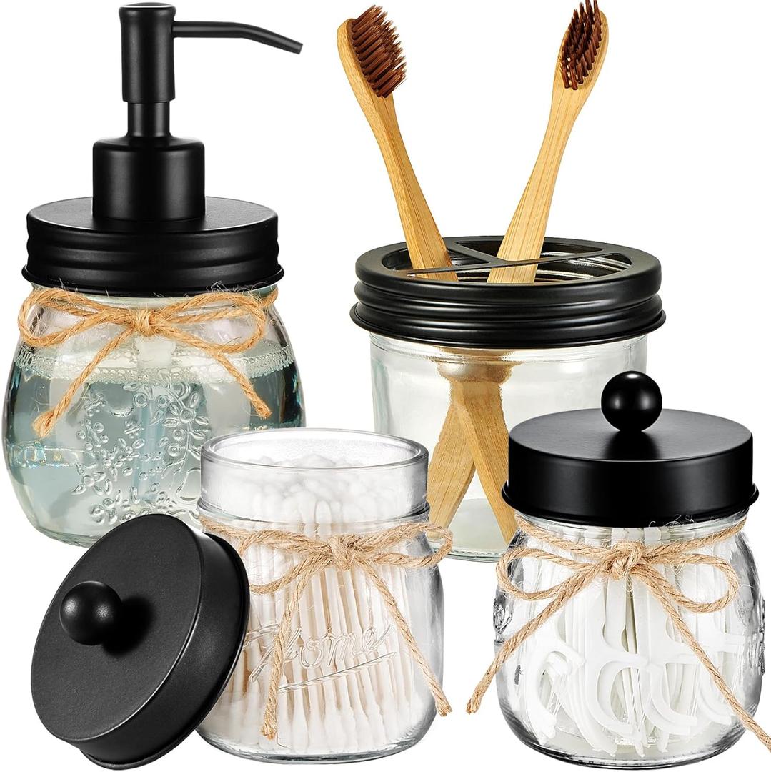 Amolliar Mason Jar Bathroom Accessories Set 4 Pcs -Lotion Soap Dispenser & 2 Qtip Holders & Toothbrush Holder - Rustic Farmhouse Decor, Bathroom Home Decor (Black)