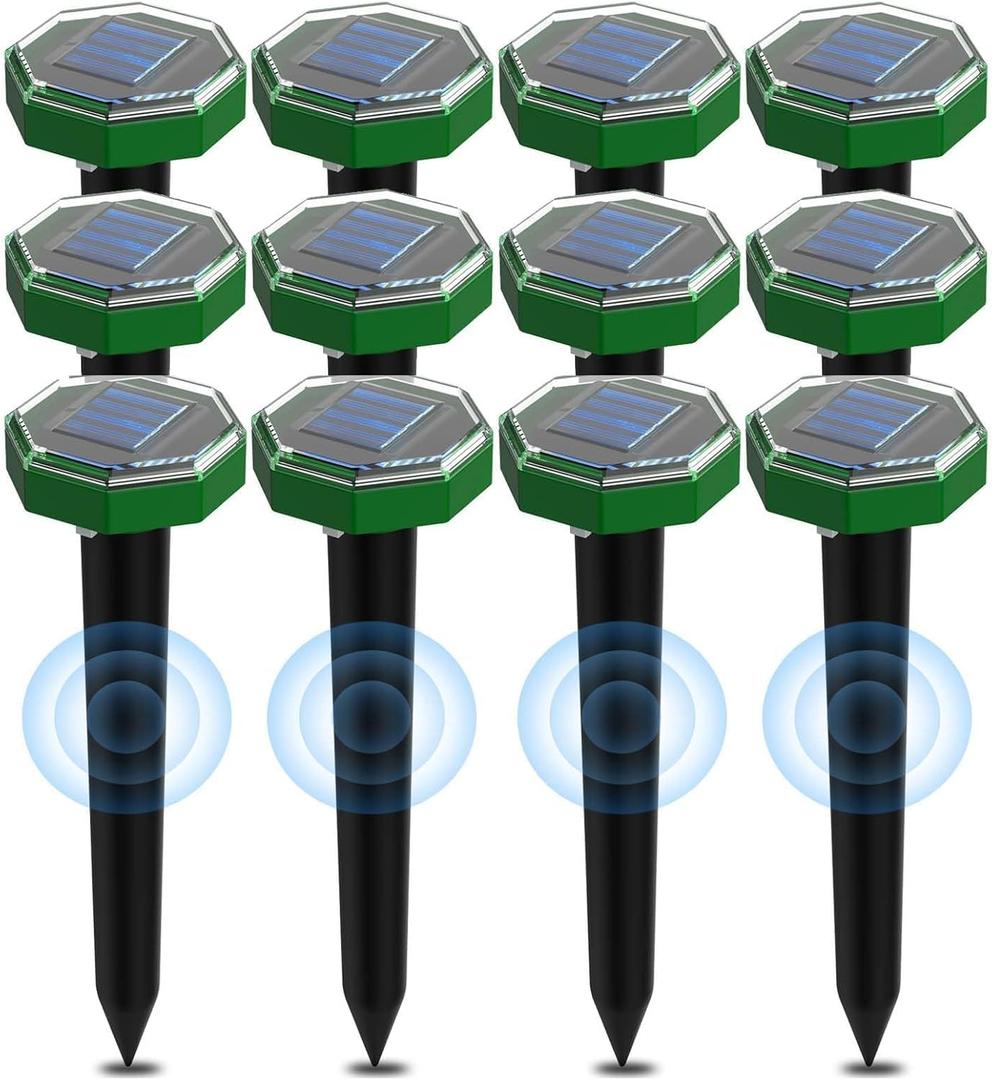 Mole Repellent Solar Powered 12 Pack, Waterproof Ultrasonic Deterrent Gopher Vole Repellent Outdoor, Repellent Mole for Lawns Garden Yard