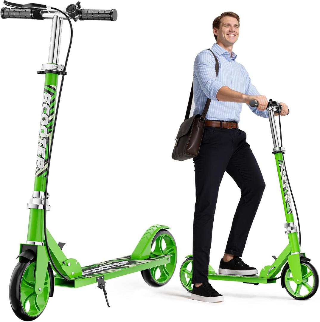 Scooters for Adults - Lightweight, Foldable, 8-Inch Big Wheels, Hand Brake & Bell, 4 Adjustable Height Levels, 240 lbs Max Load - Perfect for School, Campus and Park Rides Green