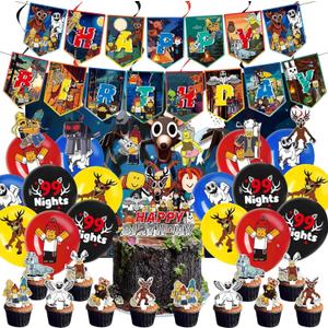 99 Nights in the Forest Birthday Party Decorations Supplies Happy Birthday Banner Cake Cupcake Toppers Balloons Hanging Swirls Background