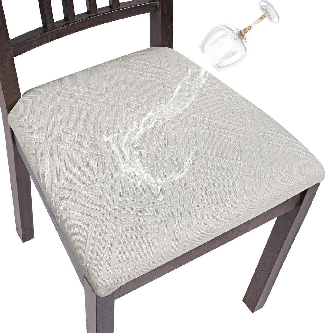 SearchI Water Repellent Seat Covers for Dining Chairs, 4 Pack Jacquard Stretch Dining Room Chair Seat Covers, Kitchen Chair Seat Covers Protectors (Beige Diamond)