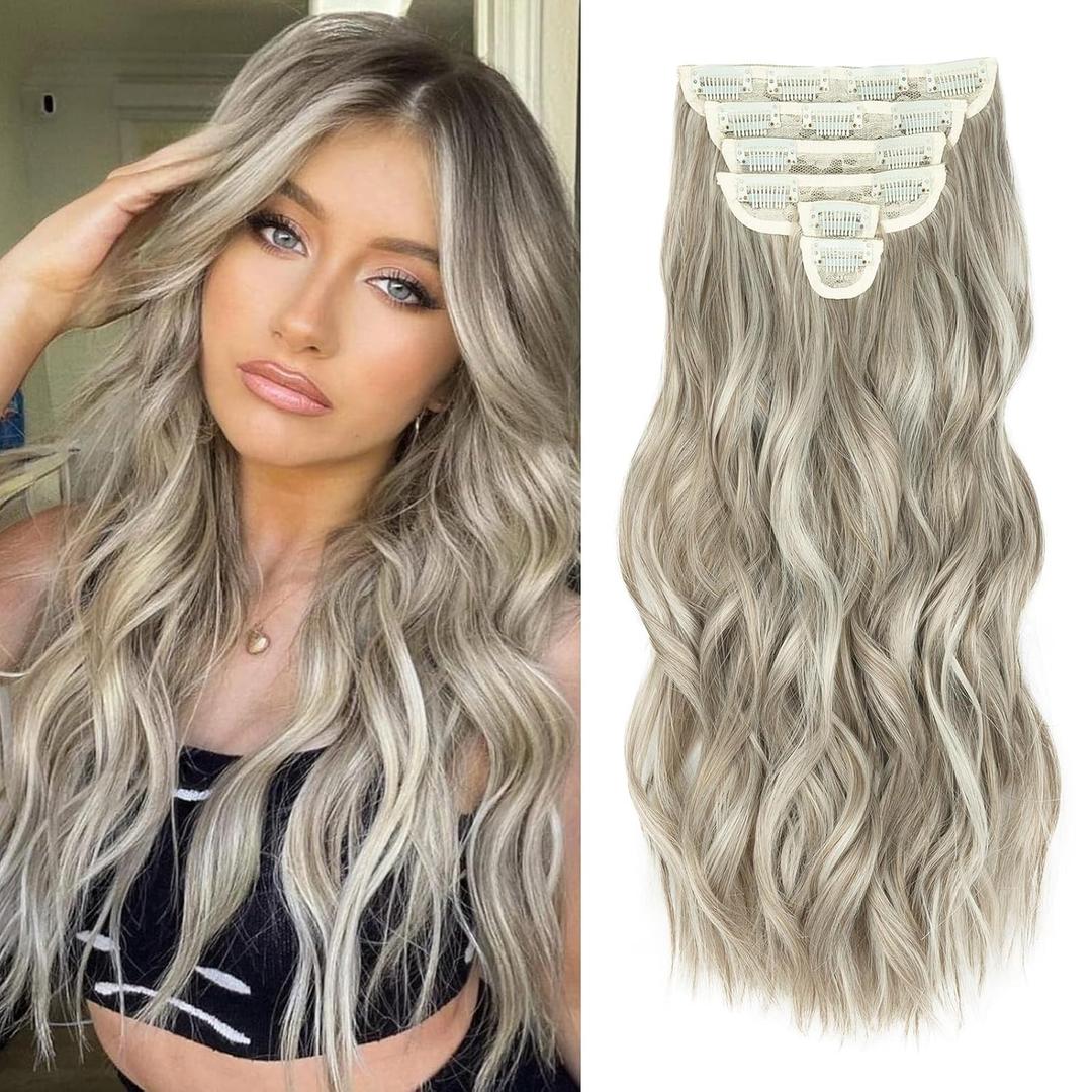 Hair Extensions Clip ins, 6 PCS Wavy Extensions, Light Gray&Ash Blonde&Light Brown Thick Hair, Blends Well Hair Extensions (24Inch, 6PCS, Ash Blonde)
