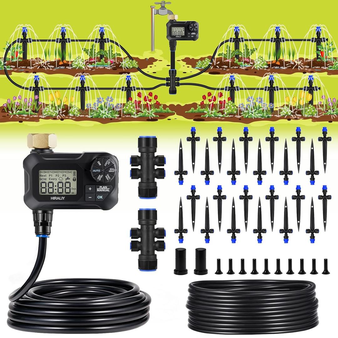 HIRALIY 100FT Automatic Drip Irrigation Kits with Garden Timer, Garden Watering System for Patio Lawn, Quick Connector Design Irrigation System Kit with Easy Programmable Water Timer