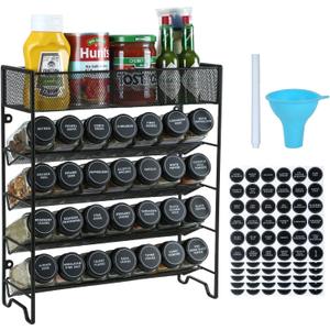 Spice Rack Organizer with 28 Spice Jars, Black LidsSpice Labels, Chalk Marker and Funnel Set for Cabinet, Countertop, Pantry, Cupboard or Wall Mount