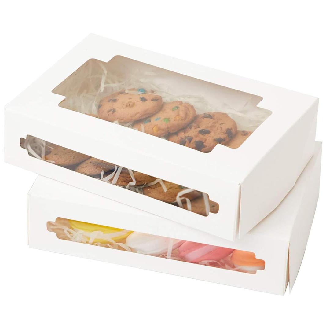 qiqee 50Packs Auto-pop Cookie Boxes for Gift Giving 8x5.3x2 inch White One Second Folding Treat Box with Window Bakery Box for Donuts Candies and Biscuit