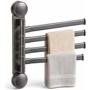 Swivel Towel Rack, 4-Arm Suction Cup Towel Holder, Thicken Aluminum Swing Out Towel Bar, Rustproof Space Saving Towel Hanger for Bathroom and Kitchen (Gun Grey)