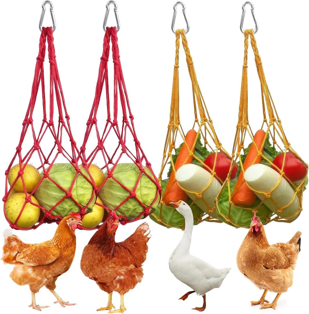 4 Sets Chicken Vegetable Hanging Feeder with Hook - No Waste Poultry Feeder & Chicken Coop Toy - Enrichment Feeding Rack for Hens Ducks Geese - Cage Accessories for Fruits Cabbage Treats