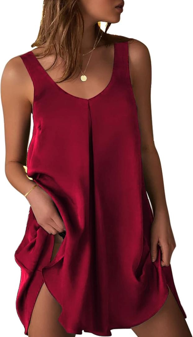 Ekouaer Women's Sleeveless V Neck Satin Nightgown (Size Medium, Red)
