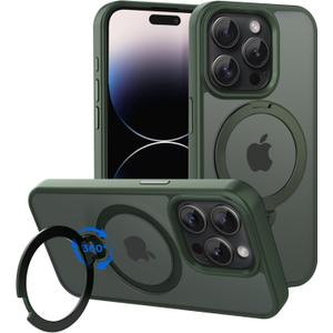 CACOE Magnetic Case for iPhone 14 Pro 6.1 inch with 360 Rotatable Ring Stand, Compatible with MagSafe Car Phone Mount, Cases Cover Phone Holder for Desk Meeting/VideosDark Green