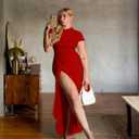 GOKATOSAU Women's Asymmetry Neck High Side Split Bodycon Ruched Plus Size Long Maxi Dress (Red)