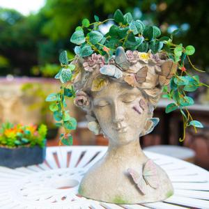 Face Flower Pot Head-Planters Succulent - 10 Inch Garden Resin Face Planter with Drainage Hole for Indoor and Outdoor Plant 7.75 * 6.75 * 10 Inch (Grey-01)