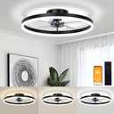 VOLISUN Low Profile Ceiling Fans with Light and Remote,19.7in Fandelier Ceiling Fan with Lights, 3000K-6500K Dimmable Flush Mount LED Fan Light, Black Bladeless Ceiling Fans with Lights for Bedroom