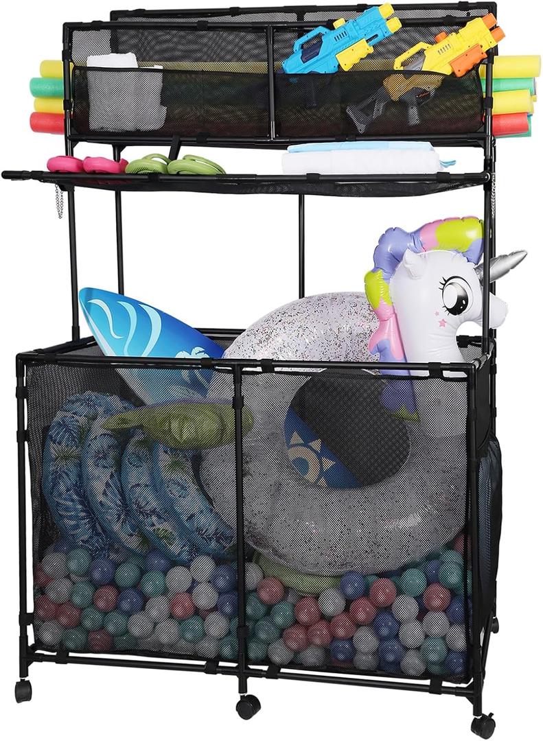 Pool Storage bin, Poolside Storage Organizer, Double Deck, Holder for Outdoor, Pool,Patio, Garden,Organizer for Toys, Floats, and Swimming Equipment,2-Size (Large)