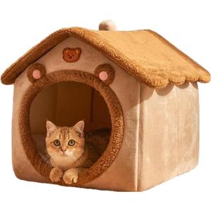 Cat Beds for Indoor Cats, Cute Bear Shape Cat Bed Cave, Pet House Cats Tent with Removable Cushion Pillow for Kittens Puppy Small Dogs (Brown, S-15.7x12.6x13.7in)